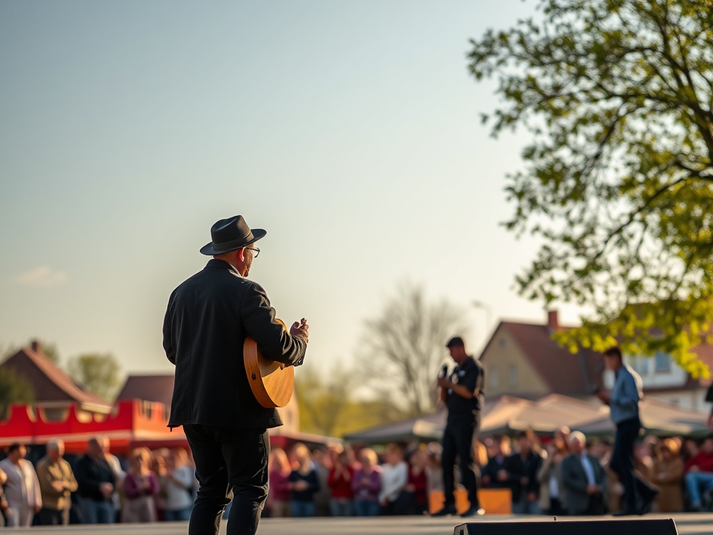Wesoły tłum mieszkańców Węgrowa świętujący Prima Aprilis na rynku miasta w słoneczny dzień