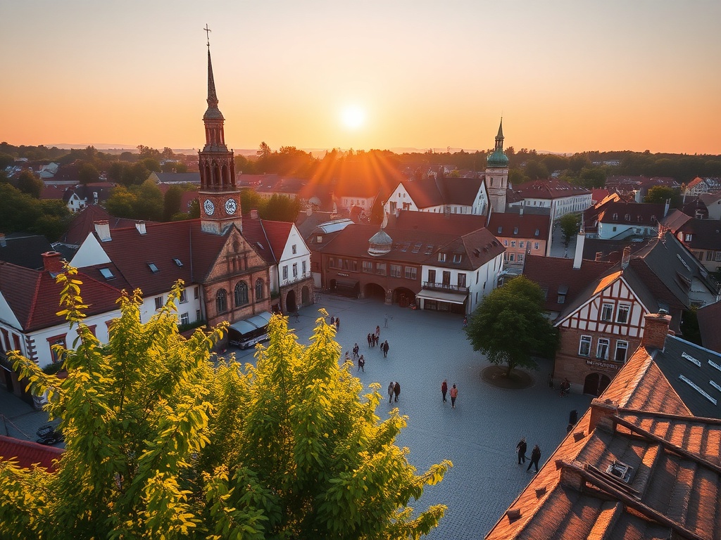 Widok na rynek w Węgrowie podczas słonecznego dnia, idealny na majówkowe spacery